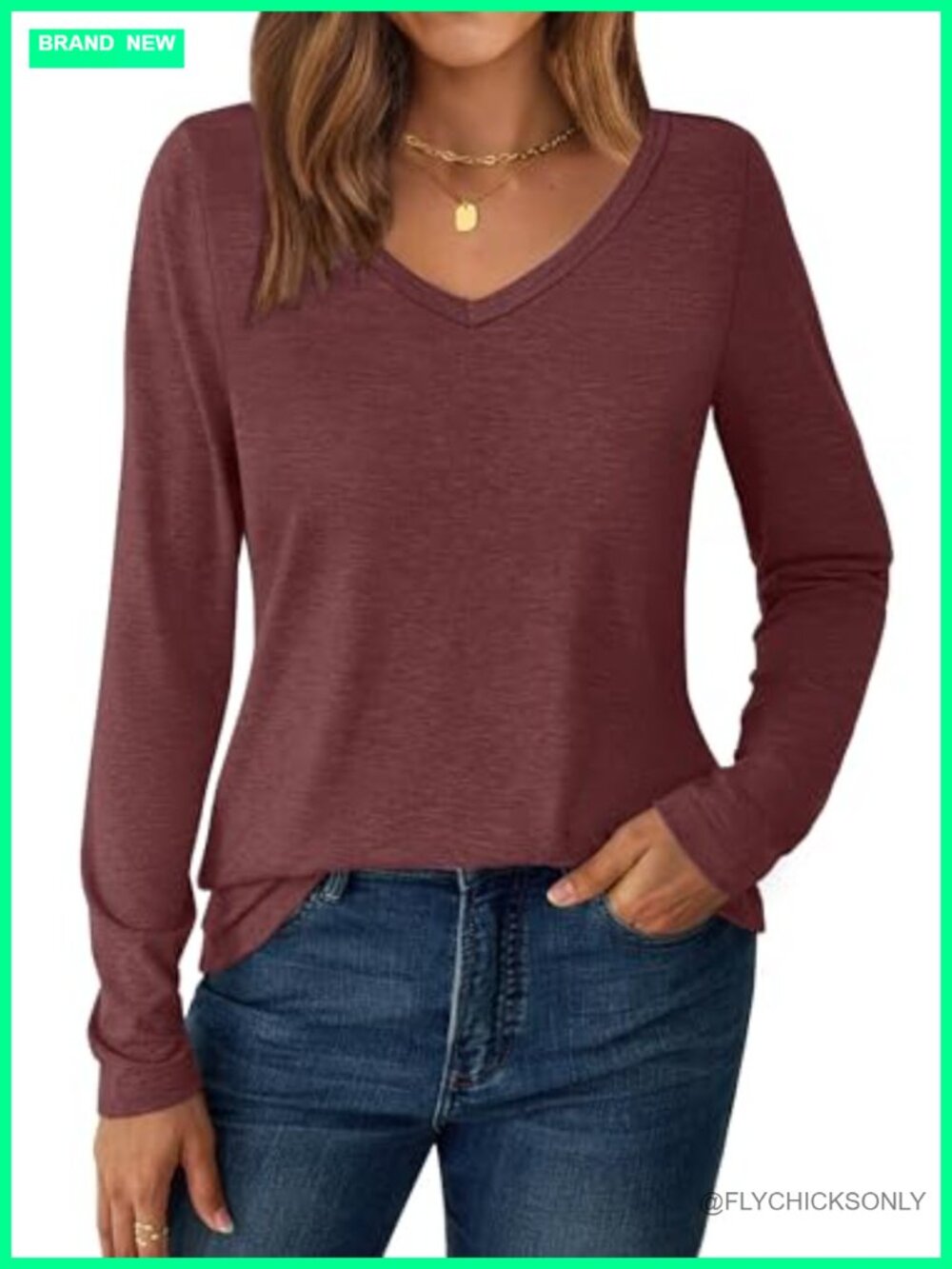 Women's V-Neck Long Sleeve T-Shirt Soft Basic Tee Slim Fit Layering Top